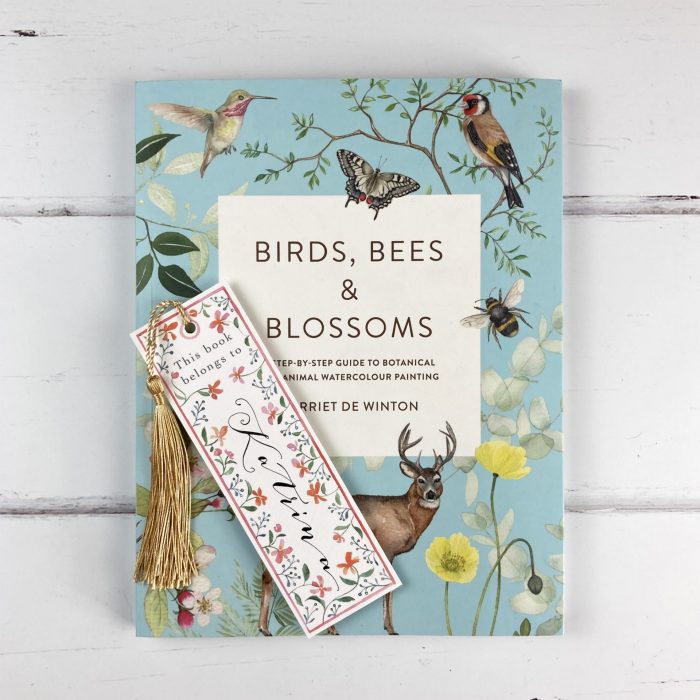 birds, bees and blossoms, animal, floral, watercolour book, personalised bookmark, custom name bookmark