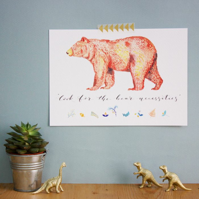 A5 Bear Necessities Jungle Book inspired art print for childrens room, hand painted