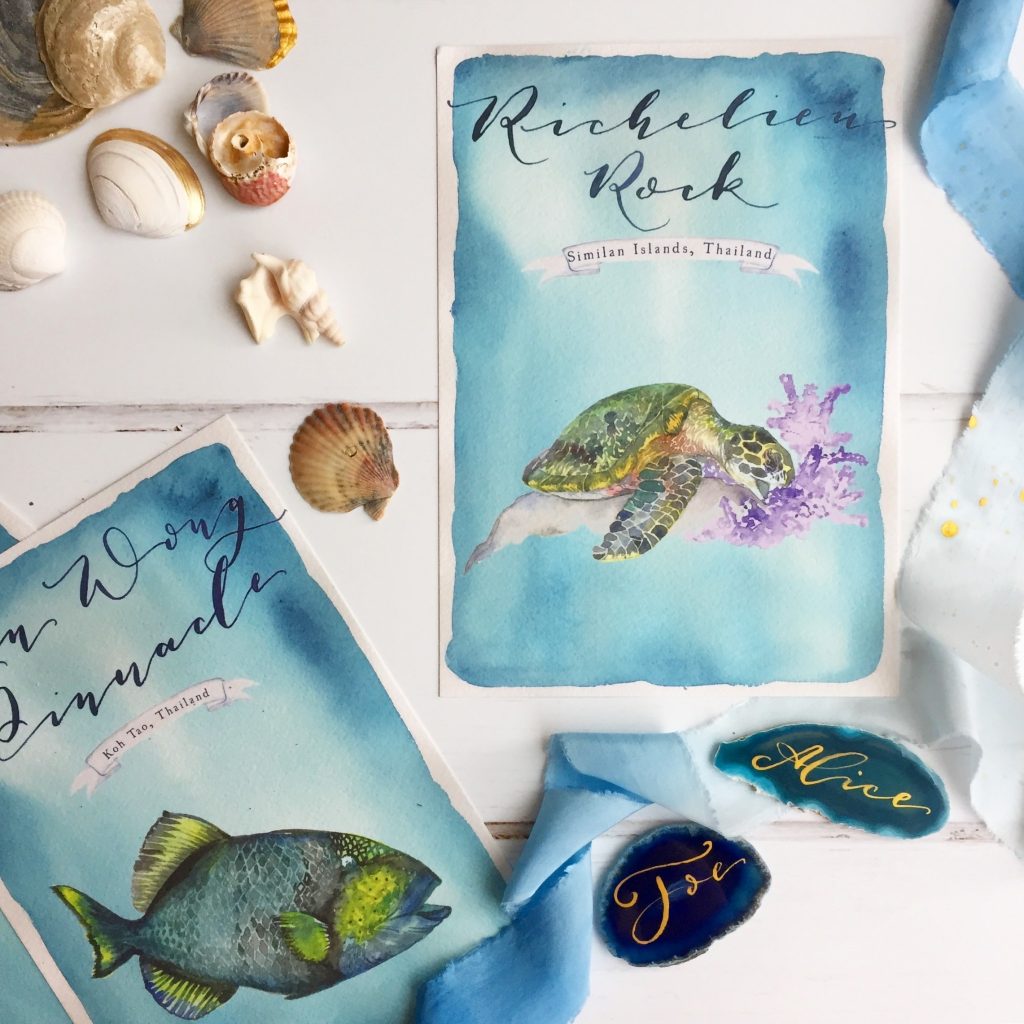 de Winton paper co. Hand painted under the sea table name cards