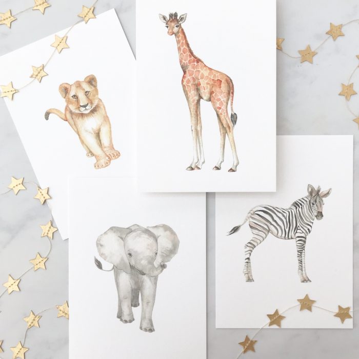 watercolour safari prints, nursery safari prints, nursery wildlife prints, giraffe print, elephant print, zebra print, lion print, wildllife art work