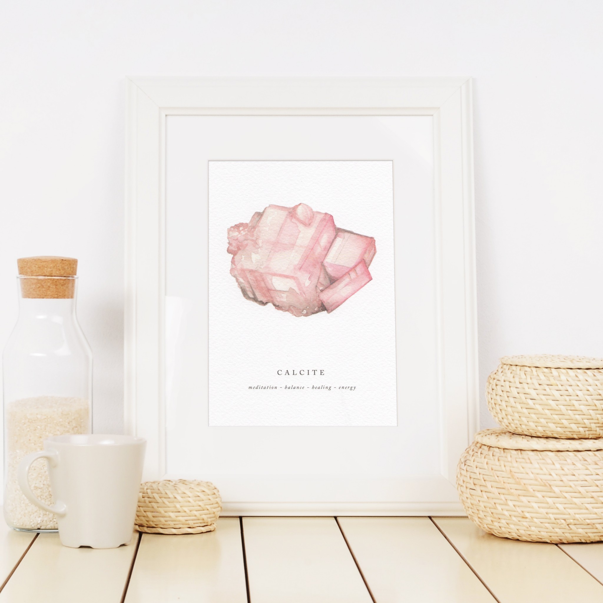 calcite crystal healing print, watercolour home warming gift uk, crystal art prints for sale, watercolour crystal painting,