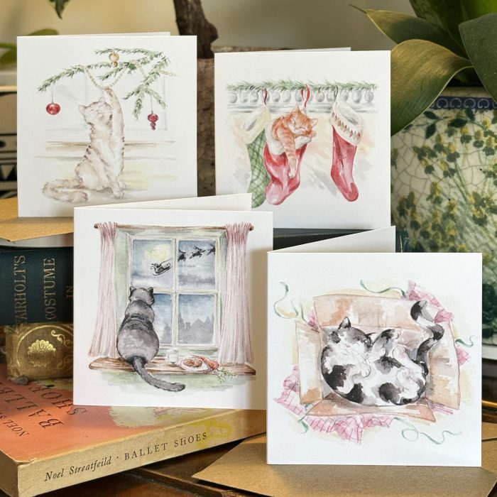 Funny Cat Christmas Cards Set of 8 | Mini Watercolour Greeting Cards | Festive Card Pack