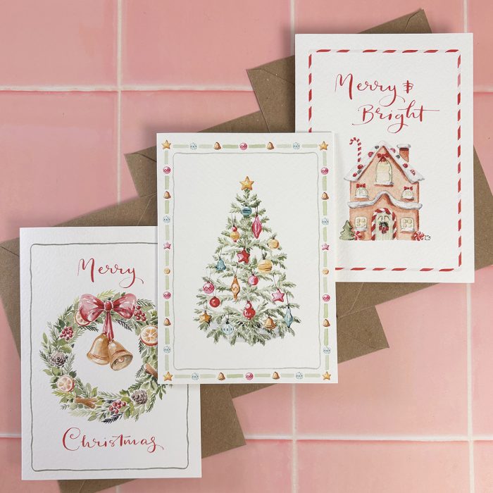 Classic Watercolour Christmas Cards Set of 9 | Illustrated Christmas Tree, Wreath and Gingerbread House