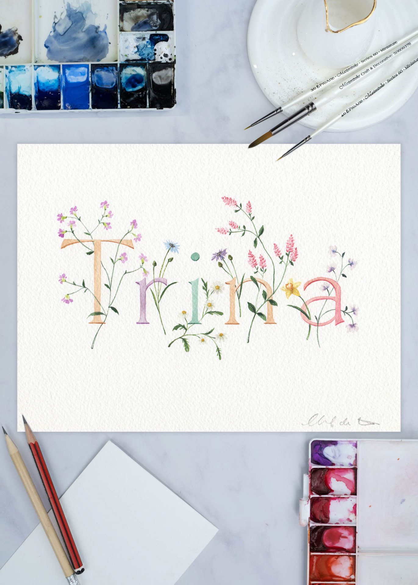 Commissioned Artwork, commissioned watercolour, floral name