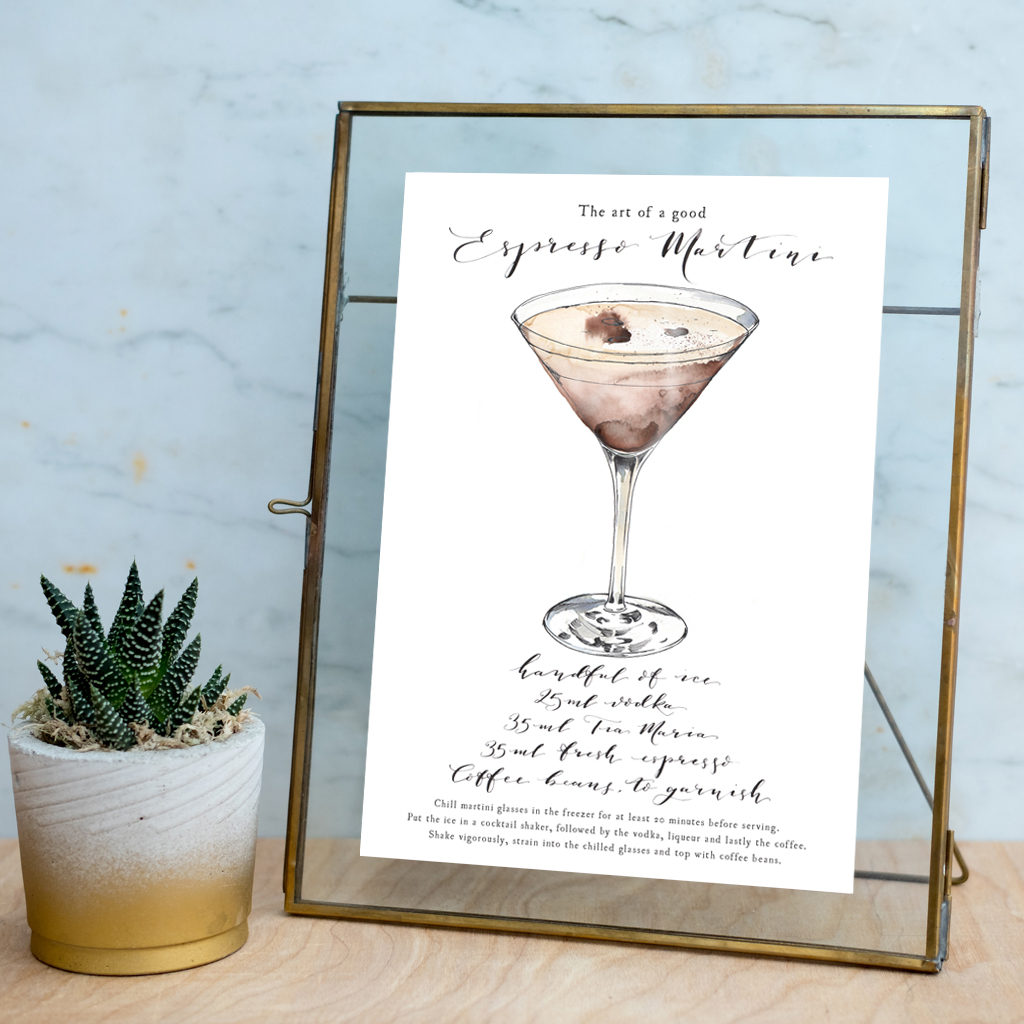 espresso martini cocktail print, cocktail print, watercolour cocktail recipe, hand painted watercolour cocktail art