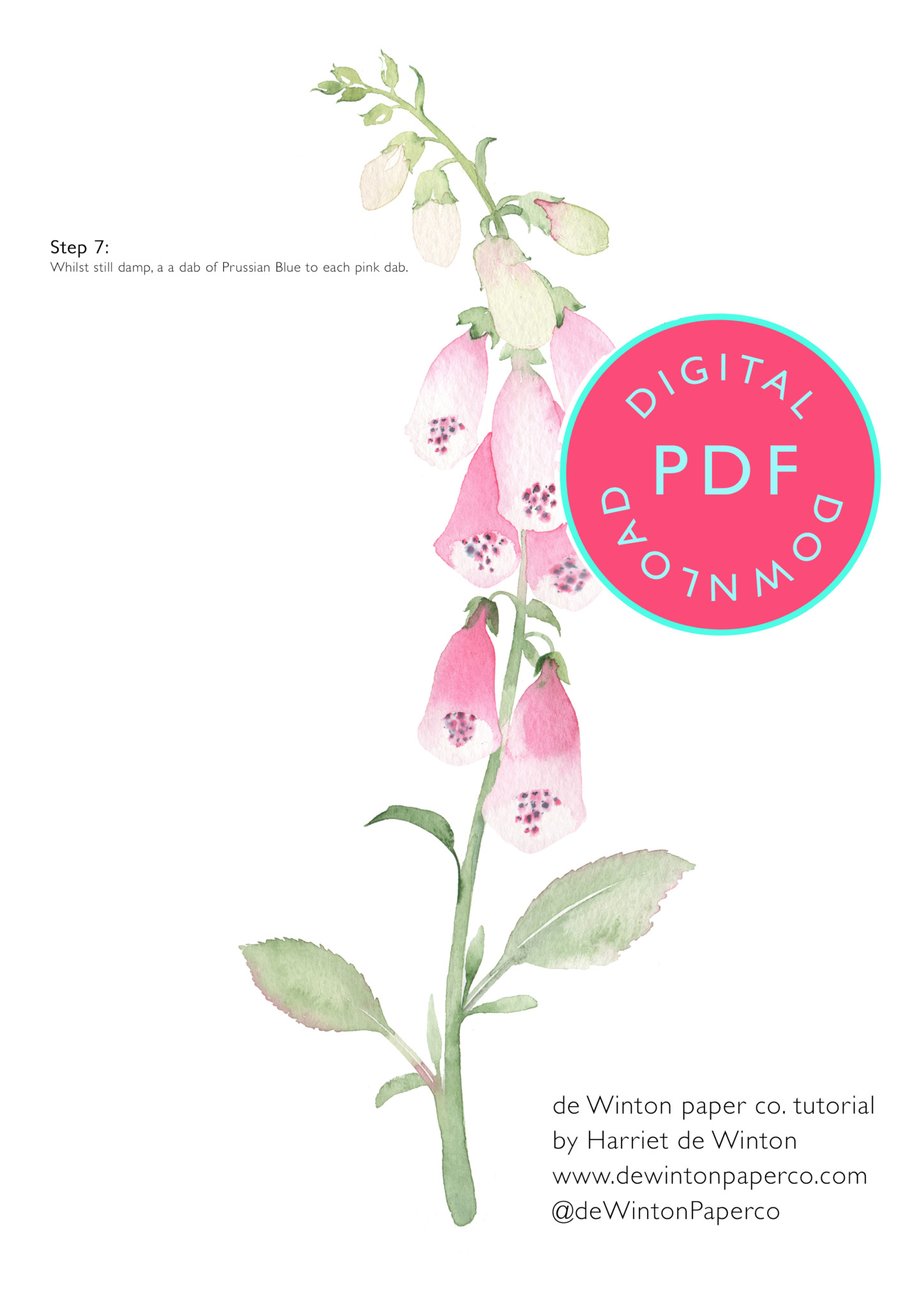 foxglove watercolour tutorial, pdf tutorial, download, digital download, digital tutorial , flower watercolour tutorial, how to paint flowers,