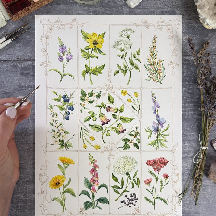 Halloween Watercolour Painting Challenge | Practical Magic Inspired Spell Book Grid | Watercolour Botanical Art Project