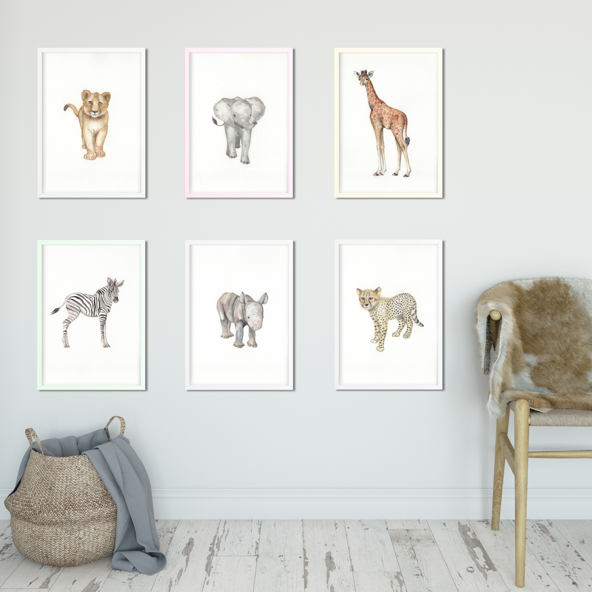 Nursery safari animal prints, set of 6 animal prints, childrens bedroom with wildlife prints, safari artwork, safari decor,