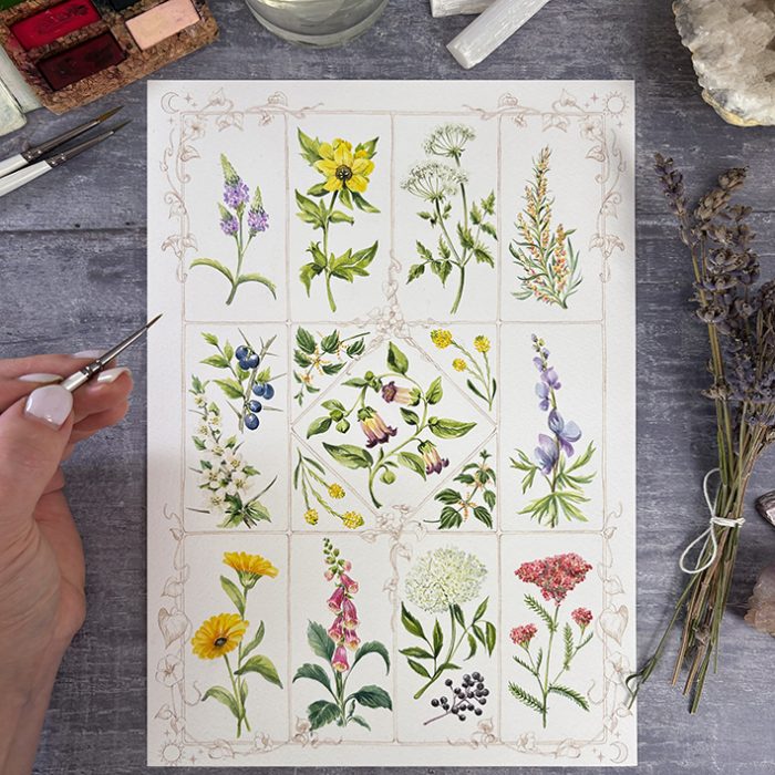 13 Nights of Halloween Watercolour Painting Challenge | Practical Magic Inspired Spell Book | Hand Painted Botanical Grid | Watercolour Kit