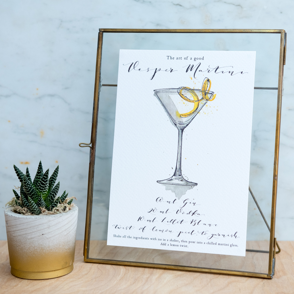 Vesper Martini Cocktail Print, Cocktail art print, cocktail illustration art work, margarita cocktail hand painted art work